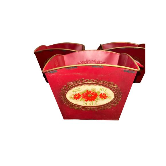 Red Metal Pot Tin Noel Joy Peace Christmas Holiday Flower Plant Planter Vase - Picture 2 of 16